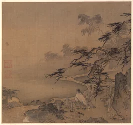 Observando los ciervos junto a un arroyo sombreado por pinos, 1127-1279