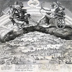 Luna: alegoría de la Luna (Diana) y el Escorpio que está bajo su influencia (signo del Zodiaco) - grabado por Maaerten de Vos (Martin de Vos, Marten de Vos) (1532-1603)