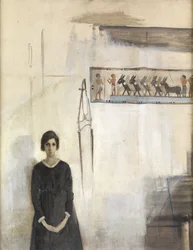 Autorretrato con colgadura egipcia (óleo sobre tabla)