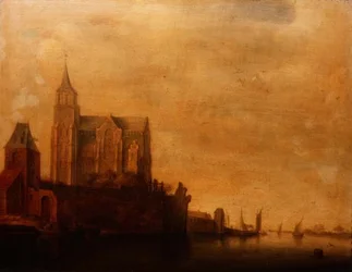 Groote Kerk con vista de la torre principal, Emmerich en un paisaje fluvial con barcos de vela