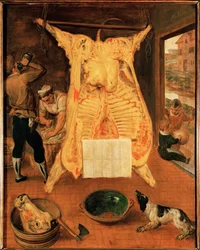 Bueyes en la carnicería (pintura sobre madera de roble)