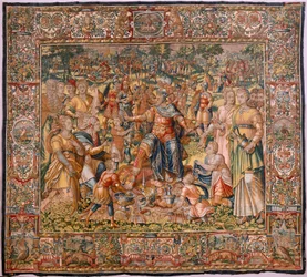 Museo Diocesano (Museo Diocesano). Tapiz flamenco. Bruselas. Taller François Geubels. Serie La Historia de Gedeón. Los israelitas entregan su parte del botín a Gedeón. Seda y lana. Legado de Bisho
