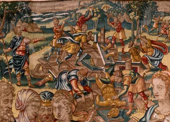 Museo Diocesano (Museo Diocesano). Tapiz flamenco. Bruselas. Taller François Geubels. Serie La Historia de Gedeón. Se le informa a Joás que Gedeón ha destruido el altar de Baal (se le informa a Joás que Gedeón ha derribado el altar de Baal). Seda y lana. B