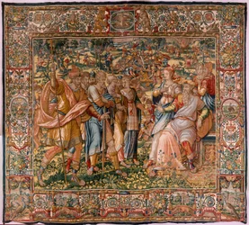 Museo Diocesano (Museo Diocesano). Tapiz flamenco. Bruselas. Taller François Geubels. Serie La Historia de Gedeón. Se le informa a Joás que Gedeón ha destruido el altar de Baal (se le informa a Joás que Gedeón ha derribado el altar de Baal). Seda y lana. B
