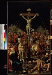""El Calvario"" (Calvario) La crucifixión. Inscripción ""INRI"" en la cruz. Panel central de un tríptico. Pintura de Maarten van Heemskerck (Maerten Heemskerk van Veen) (Marten, Martin) (1498-1574) 1545-1550 Dim. 100,7x58,3 cm Museo del Hermitage, Sain