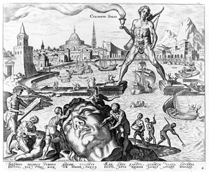 El Coloso de Rodas, lámina 4 de Las ocho maravillas del mundo, grabado por Philips Galle, 1572