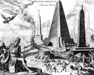 Las pirámides de Egipto, lámina 1 de Las ocho maravillas del mundo, grabado por Philips Galle