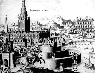Las murallas de Babilonia, lámina 7 de Las Ocho Maravillas del Mundo, grabado por Philips Galle
