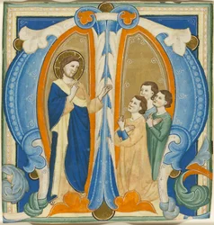 Cristo bendiciendo a tres jóvenes, inicial M de un Gradual