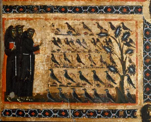 Historia de la vida de San Francisco del retablo de San Francisco de Asís. Detalle que representa la predicación de San Francisco a los pájaros. Pintura del Maestro de San Francisco Bardi. Escuela florentina de la primera mitad del siglo XIII.