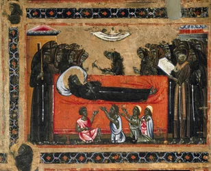 Historia de la vida de San Francisco del retablo de San Francisco de Asís. Detalle de la muerte de San Francisco de Asís. Pintura del Maestro (Maestro) del San Francesco Bardi. Escuela florentina de la primera mitad del siglo XIII.