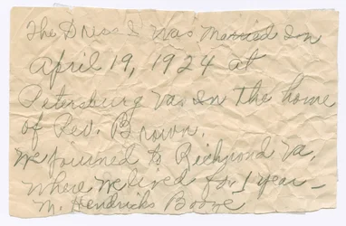Nota manuscrita de Magdalene Hendricks Boozé, mediados del siglo XX