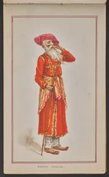 Anciano funcionario de la corte del durbar de Kolhapur, vestido con casaca roja y turbante rosa (acuarela sobre papel)