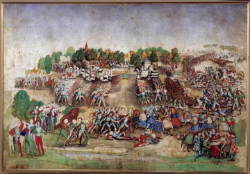 Guerras de Italia: "La batalla de Marignan el 14/09/1515" Dibujo a pluma del maestro De La Ratiere (siglo XVI) Sol. 0,21x0,31 m Chantilly, Museo Conde