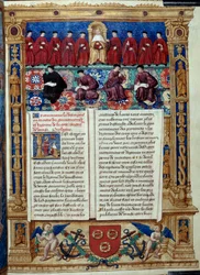 El Consejo de los Diez El Dux está en el centro. Página tomada de una descripción o trata del gobierno y régimen de la ciudad y señorío de Venecia realizada por el Almirante Louis Malet de Graville, iluminada por el Maestro de Felipe de Geldre (siglo XVI