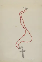 Cuentas de coral y crucifijo, c. 1937