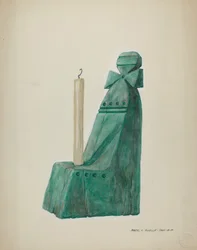 Candelabro de madera pintada, con ranuras y círculos, c. 1937