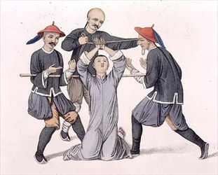 Torturar los dedos, lámina 10 de "Los castigos de China", grabado por J. Dadley