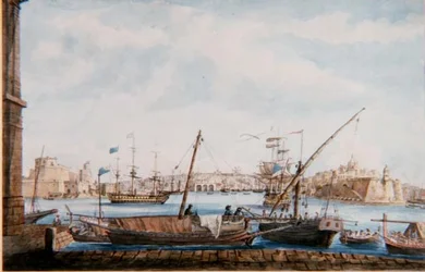Vista del puerto de las galeras desde el lado de Valetta, c.1800