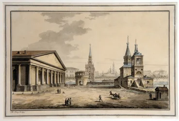 Vista del carrusel, la torre Koutafia y la iglesia de San Nicolás Taumaturgo en Moscú (Rusia). (Vista de Manege, Torre Kutafya e Iglesia de San Nicolás, Moscú). Arquitectura: el Manege erigido entre 1817 y 1825, por el arquitecto Joseph Bove (1784-18