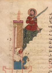 Un reloj de vela, folio deKitab fi ma`arifat al-hiyal al-handisaya (El libro del conocimiento de los ingenios mecánicos) Autómatas de al-Jazari (m. 1206) (tinta, acuarela opaca y oro sobre papel)