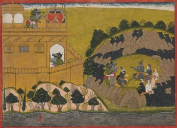 Rama libera a los espías demoníacos Shuka y Sarana: Folio de la serie del Asedio de Lanka, ca. 1725