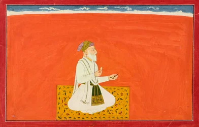 El sabio-médico Dhanvantari, folio de la serie "Sexta" Bhagavata Purana, también conocida como la serie "pequeña" Guler-Basohli