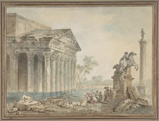 Capricho arquitectónico con monumentos romanos y lavanderas