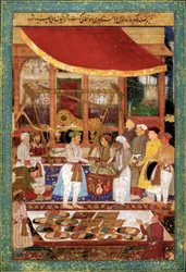 El emperador Jahangir pesa al príncipe Khurram en oro, c. 1610-1615 (miniatura)