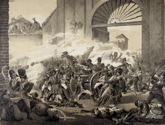 España. Guerra de Independecia (1808). Dos de mayo en Madrid. Muerte de Luis Daoiz defendiendo el Parque de Monteleón. Grabado sobre un cuadro de Manuel Castellano. Litografía.
