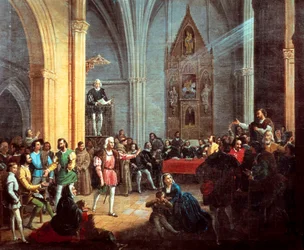 Cristóbal Colón durante la lectura de la Real Pragmática, detalle de una pintura de Manuel Cabral y Aguado Bejarano. Siglo XIX