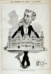 Caricatura de M. Poubelle, prefecto del Sena, llevando el Ayuntamiento de París en una bandeja - Dibujo de Luque, en “La Caricature” del 13/08/1887