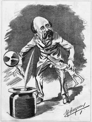 Edmond Gondinet (1828-1888) dramaturgo francés. Caricatura del dibujante Manuel Luque. En “El Caricatura” de 1886.