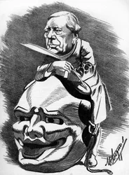 Eugène Labiche (1815-1888), dramaturgo francés. Caricatura del dibujante Manuel Luque. En “La Caricatura” de 1886.