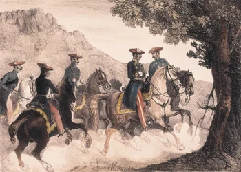 Primera Guerra Carlista, Bruno de Villarreal y su Estado Mayor (litografía en color)