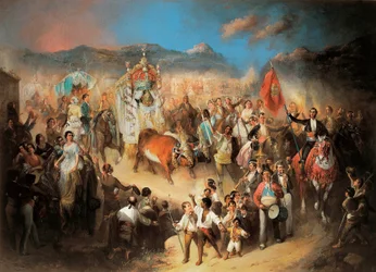 La procesión del Rocío: fiesta tradicional andaluza en honor a la Virgen. Pintura de Manuel Rodríguez de Guzmán (1818-1867). 1850-1900 Segovia. Palacio de Riofrío.