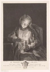 Chica leyendo una carta a la luz de las velas Le neglige gallant (título sobre objeto)