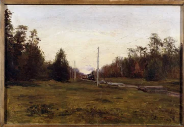 Paisaje con un tren. Pintura de Manuil Christoforovich Aladzhalov (1862-1934). Óleo sobre cartón, 29,5 x 43,5 cm. El arte ruso de principios del siglo XX. Museo de Arte Regional, Plyos. FineArtImage/Leemage