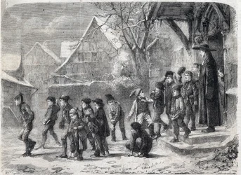 Salida de la escuela en invierno. Grabado después de una pintura de M. B. Vautier en 