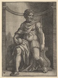 Un emperador romano sentado en un nicho sosteniendo un globo y un cetro y mirando hacia su...