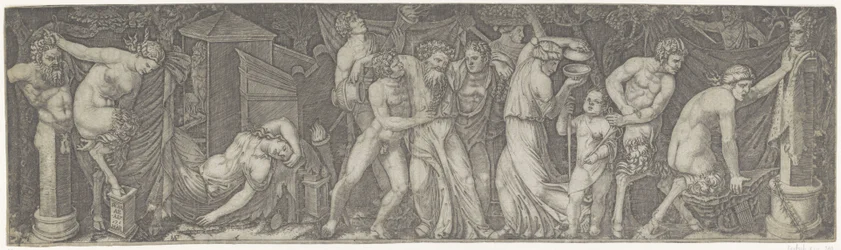 Bacanal con Baco borracho y sátiros y ménades