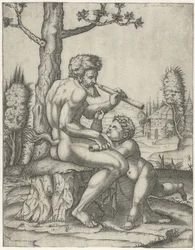 Fauno con flauta juega con niño