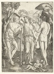 mujer joven, con, corona, de, hojas, posición, entre, anciano, reclinado, palo, y, joven, con, dragón, y, niño