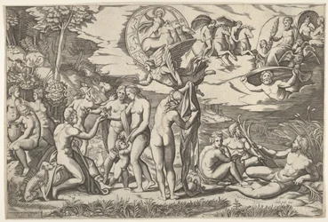 Juicio de Paris: Paris extiende su mano hacia Venus, quien está entre Juno y...