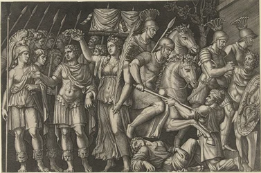 El emperador Trajano coronado por Victoria junto a la personificación femenina de Roma y los romanos en la batalla con los dacios.