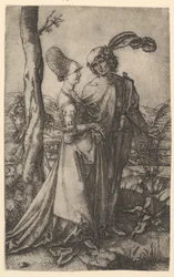 Señor y señora caminando con la figura de la muerte escondida detrás de un árbol, sosteniendo un reloj de arena, ca. 1500-1534