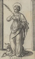 Santa Inés de pie sosteniendo una palma en su mano derecha, una oveja abajo a la izquierda, ca. 1500-1527