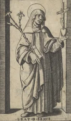 Santa Catalina de Siena de pie sosteniendo flores y un libro en su mano derecha, ca. 1500-1527