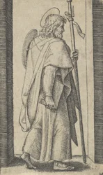 Santiago el Mayor, libro en su mano derecha, bastón en su mano izquierda mirando a la derecha, ca. 1500-1527