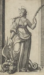 Santa Margarita de pie, un dragón a la izquierda, de la serie 